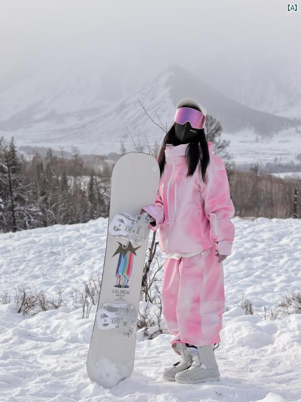 ピンク ホワイト プリント スキー スーツ ベルベット 防水 防風性 オーバー サイズ スノーボード