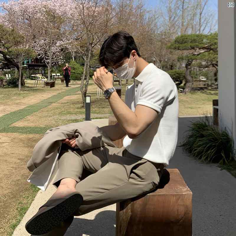 メンズ　メンズファッション　ファッション　韓国　韓国ファッション　海外ファッション ポロシャツ 夏 ニット 半袖 通気性 プルオーバー 韓国 カジュアル Tシャツ 男性用