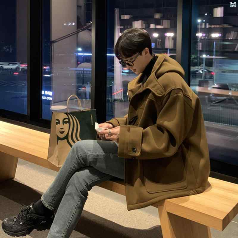 メンズ　メンズファッション　ファッション　韓国　韓国ファッション　海外ファッション 韓国 秋冬 レトロ ホーンボタン メンズショート ジャケット フード付き