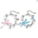 レディース ファッション バングル チャームブレスレット アンクレット ミサンガ 蝶 結び イミテーションパール ピーチ ハートブレスレット 2点セット 秋 ネット ハンド ジュエリー