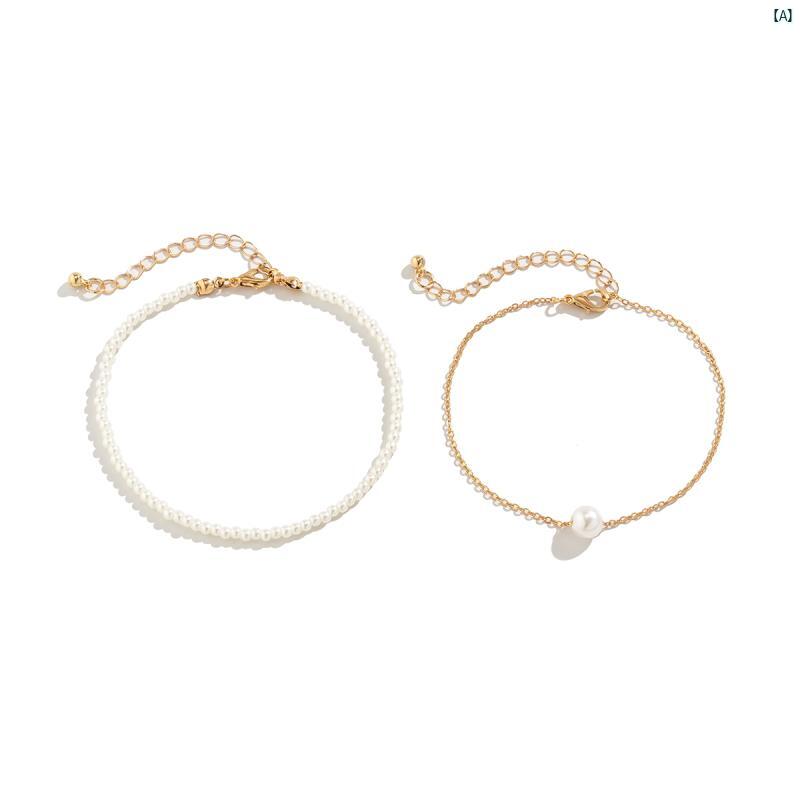 レディース　足首アクセサリー　かわいい イミテーションパール メタルチェーン アンクレット セット 2点セット アメリカ シンプル ビーチ プレイ アクセサリー