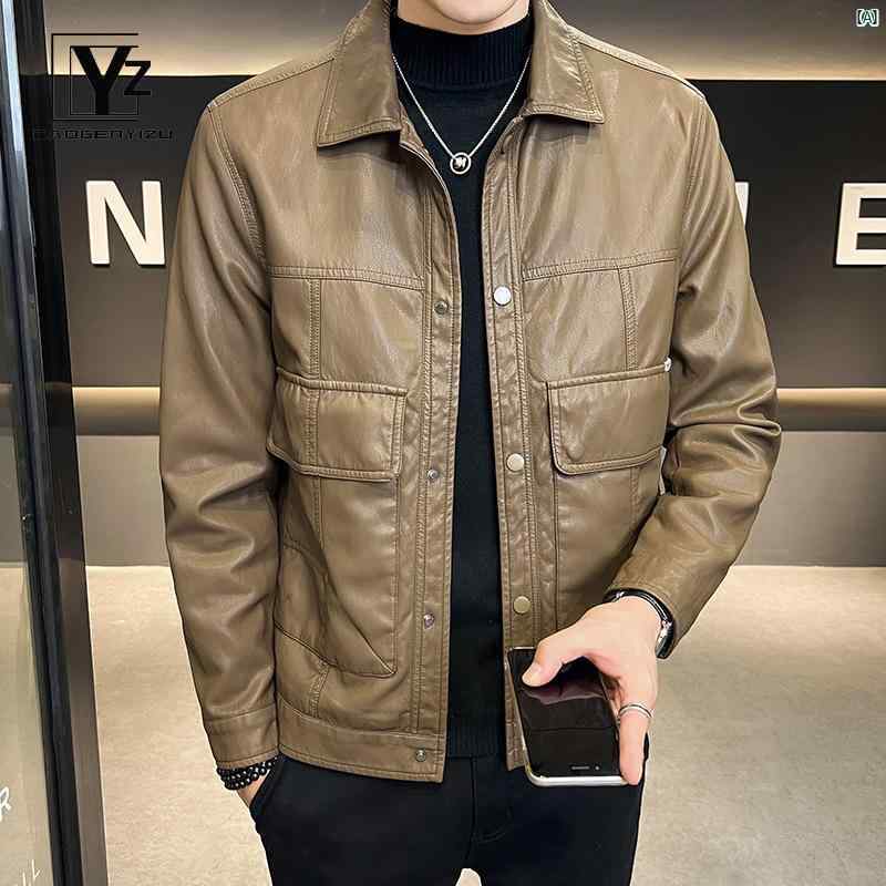 メンズ　海外ファッション　ファッション オートバイ レザー メンズジャケット 春秋新 ブラウン Pu スリム ショート レトロ ジャケット