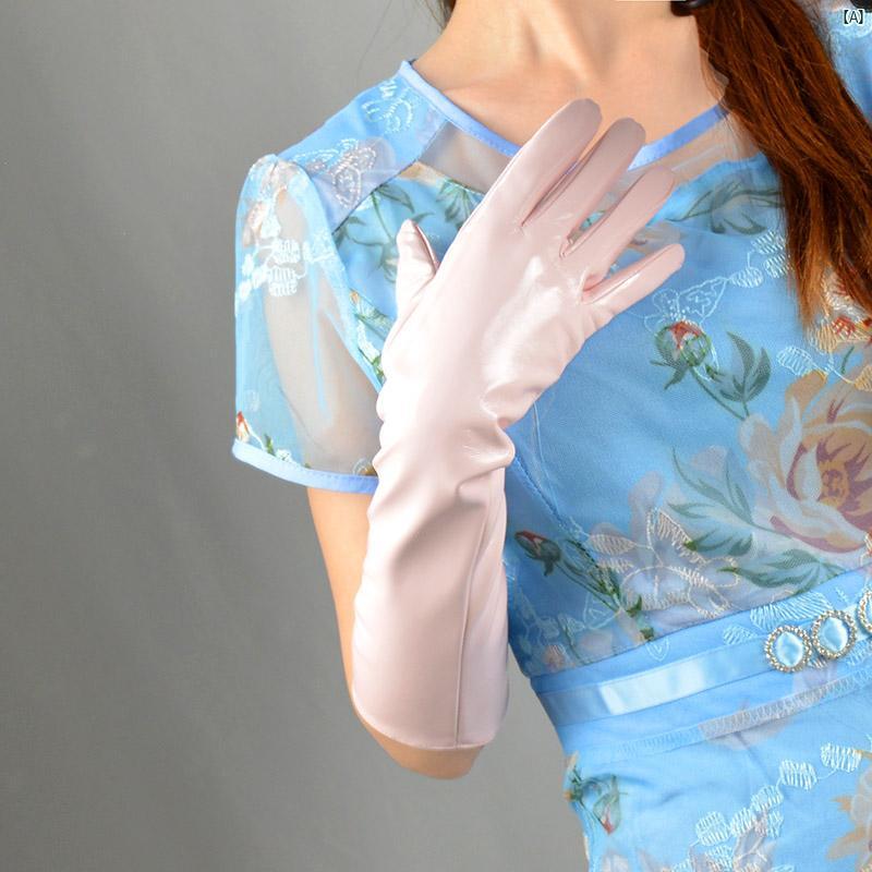 レディース　ファッション　ファッション雑貨 40センチメートル ピンク PU レザー 手袋 レディース ベルベット ハンド フィッティング ミラー 魅惑的 パテントレザー ミドル丈 cos パフォーマンス