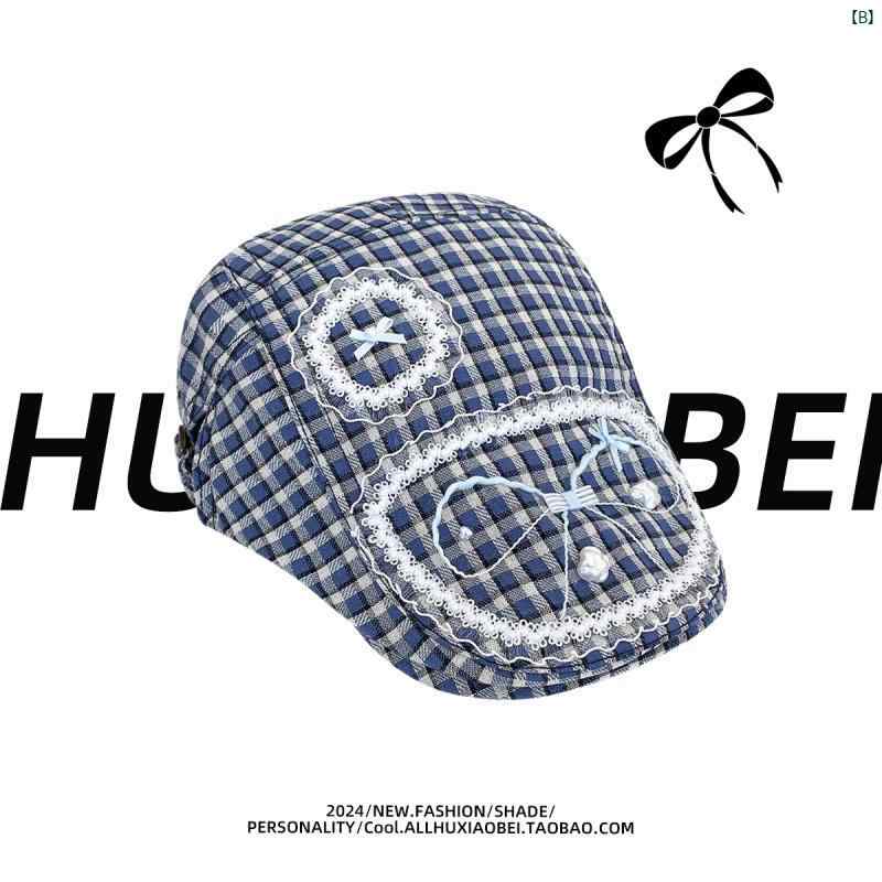 帽子　冬　かわいい　ふわふわ　ファッション 韓国 かわいい レース チェック柄 顔 小柄 レトロ プログレッシブ 帽子 画家帽子 キャスケット