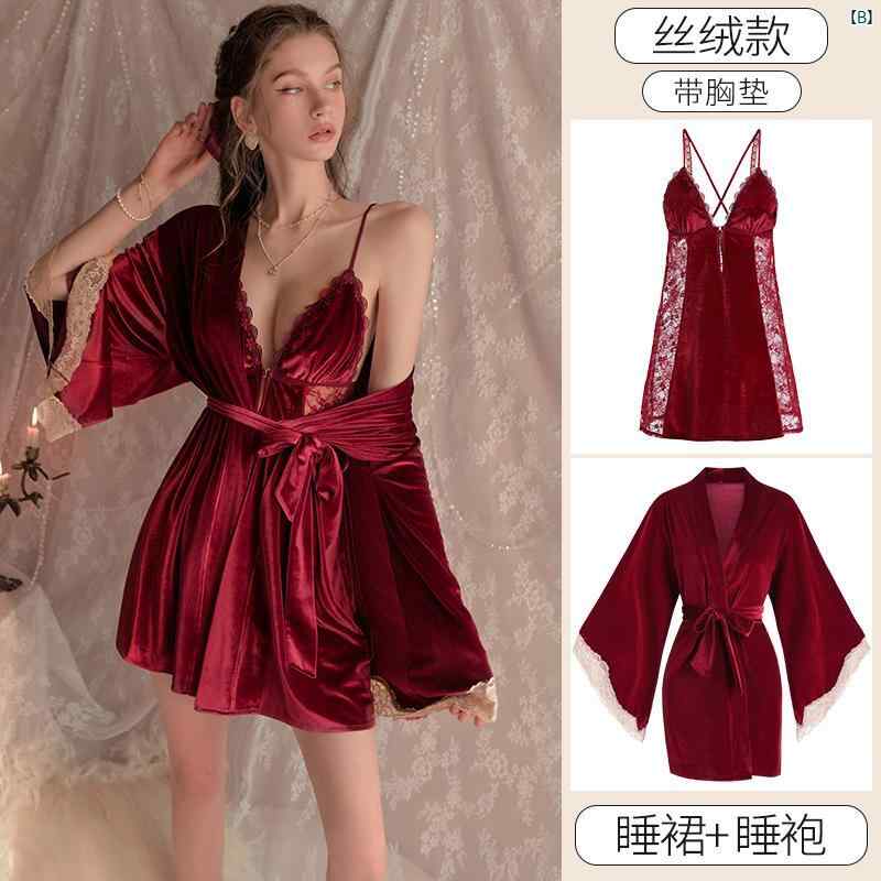 レディース　ファッション　室内　パジャマ ビクトリア セクシー パジャマ 春秋 レッド ウェディング セット 高級 パッド入り サスペンダー 付き