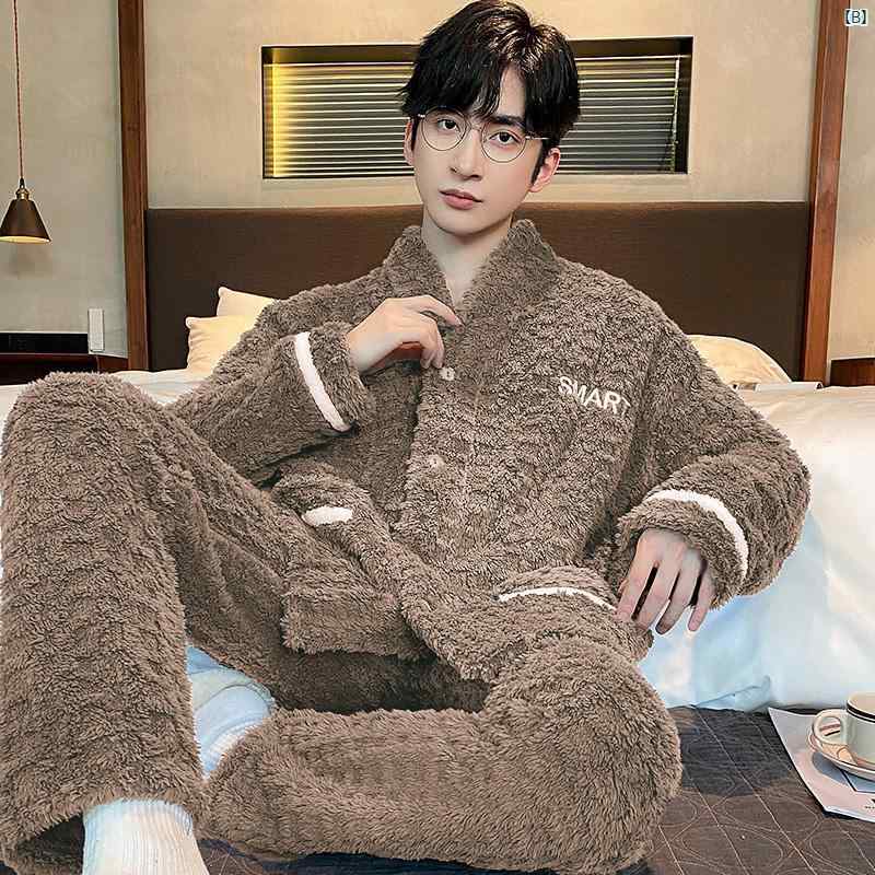 ビクトリア 男性用 秋冬 パジャマ コーラル ベルベット 男性 屋外着用 厚手 フランネル ホームウェア