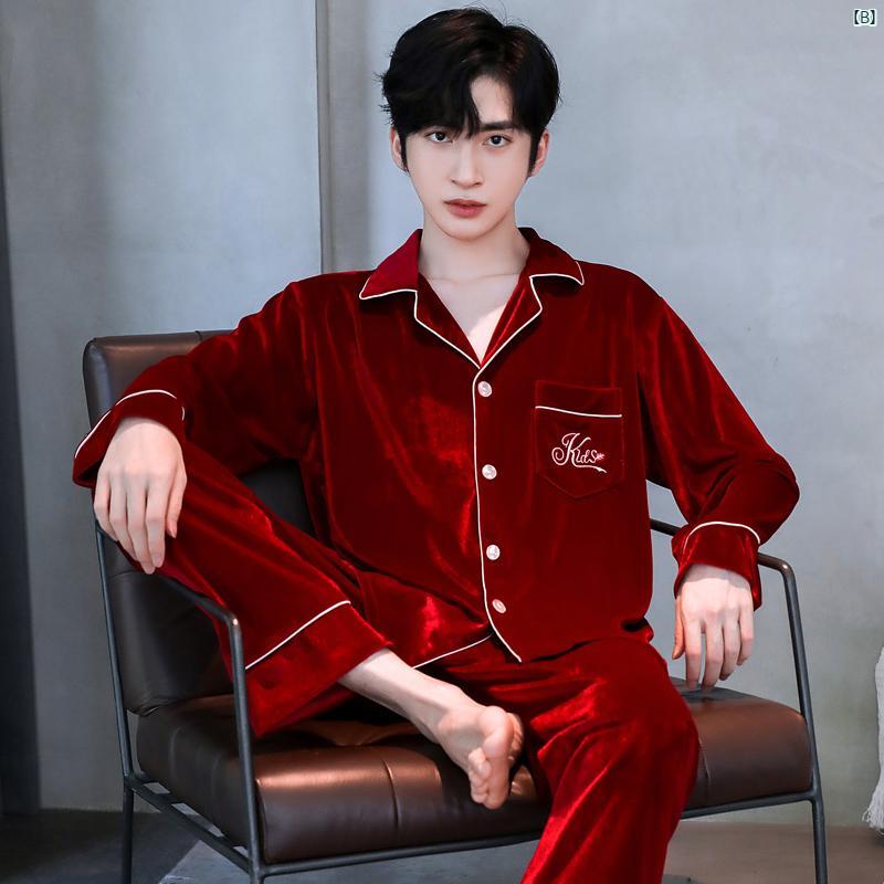 ビクトリア メンズ パジャマ 春秋　冬 ゴールド ベルベット シンプル 薄手 ホーム ウェア 外着用 す