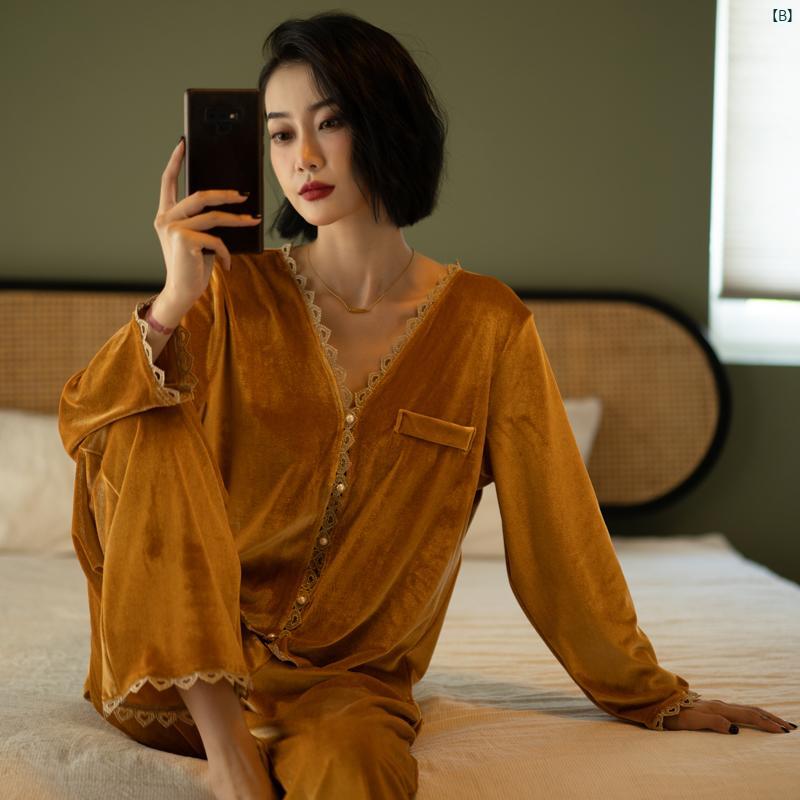 パジャマ　オシャレ　大人 秋冬 屋外着用 レディース ビクトリア ゴールド ベルベット パジャマ 魅惑的 無地 カジュアル ホームウェア セット