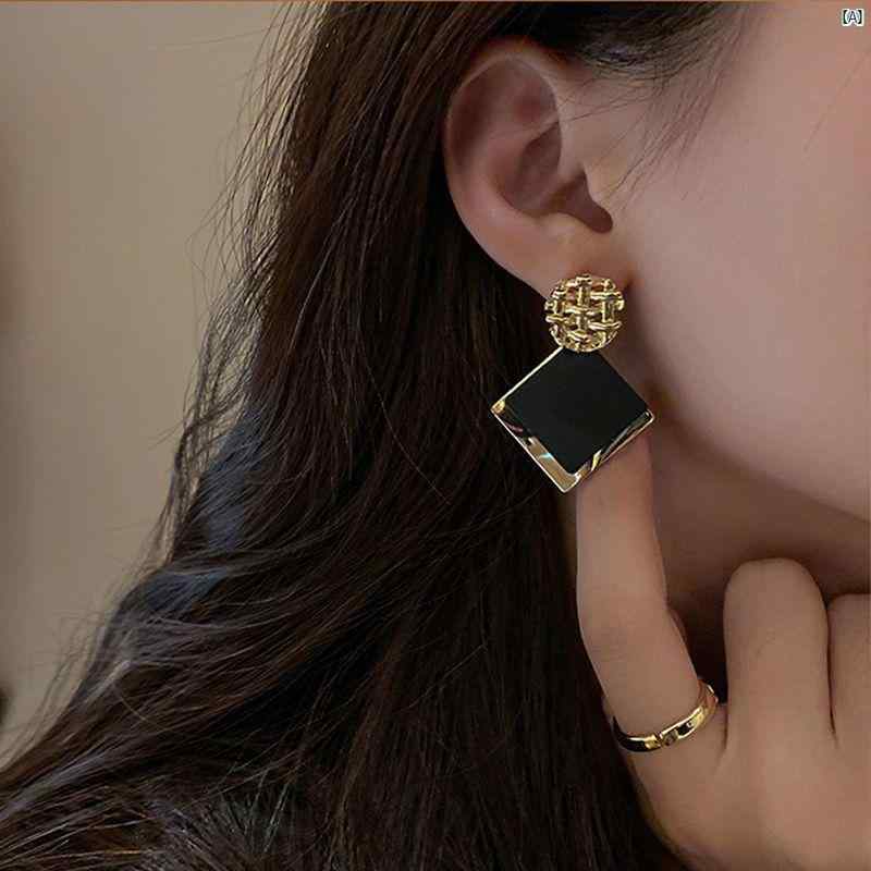 イヤリング レディース 中華風 綺麗 ファッション アクセサリー スクエア シルバー 針 レトロ ブラック ライト 高級 ハイエンド