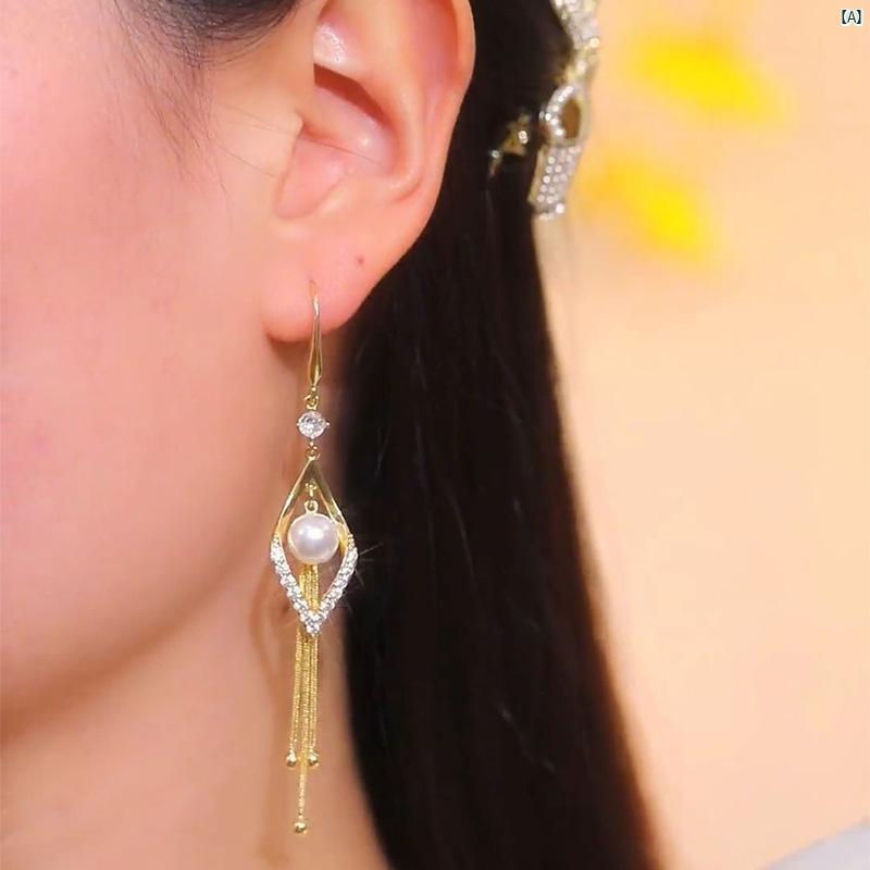 イヤリング レディース 中華風 綺麗 ファッション アクセサリー パール スターリングシルバー フック 韓国 ロング タッセル スーパー フェアリー