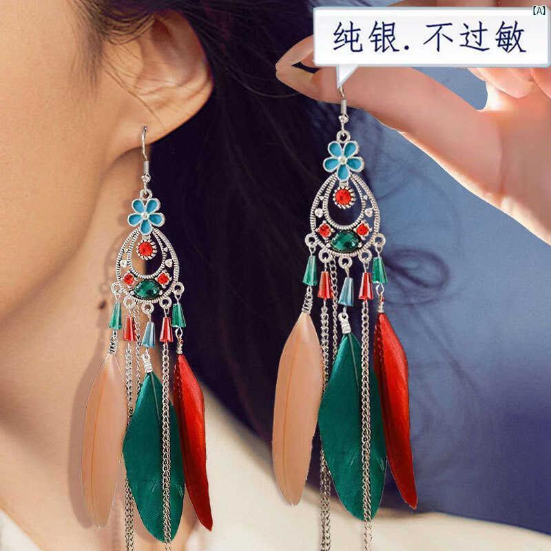 イヤリング レディース 中華風 綺麗 ファッション アクセサリー スターリングシルバー低刺激性 レッド ロング タッセル エスニック ボヘミアン