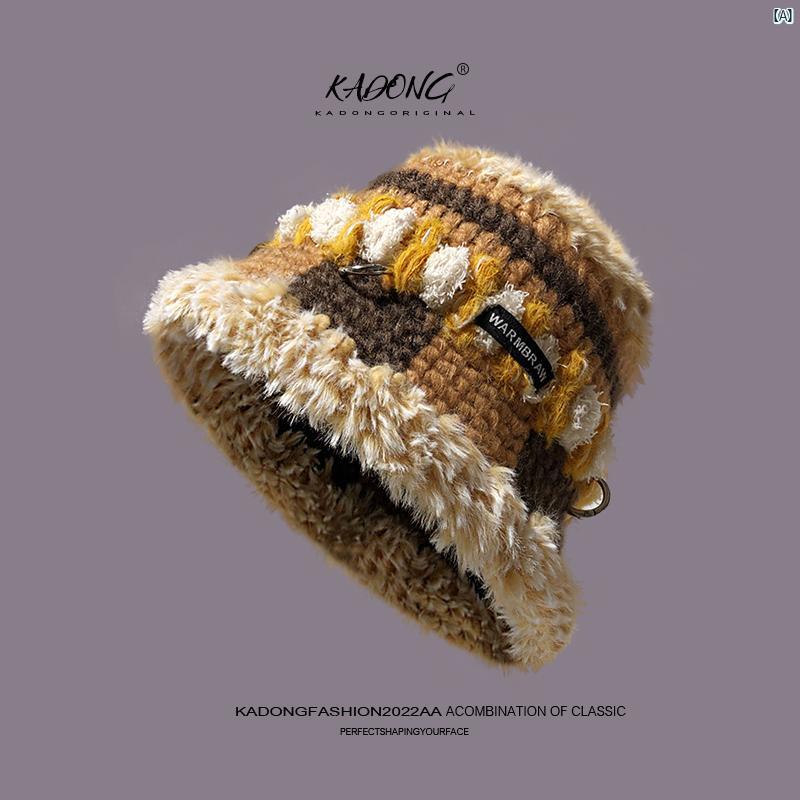 レディース　帽子　ハット レディース ファッション 韓国 秋冬 帽子 手編み ぬいぐるみ 金属 バックル カラフル ストライプ 暖かい ウール