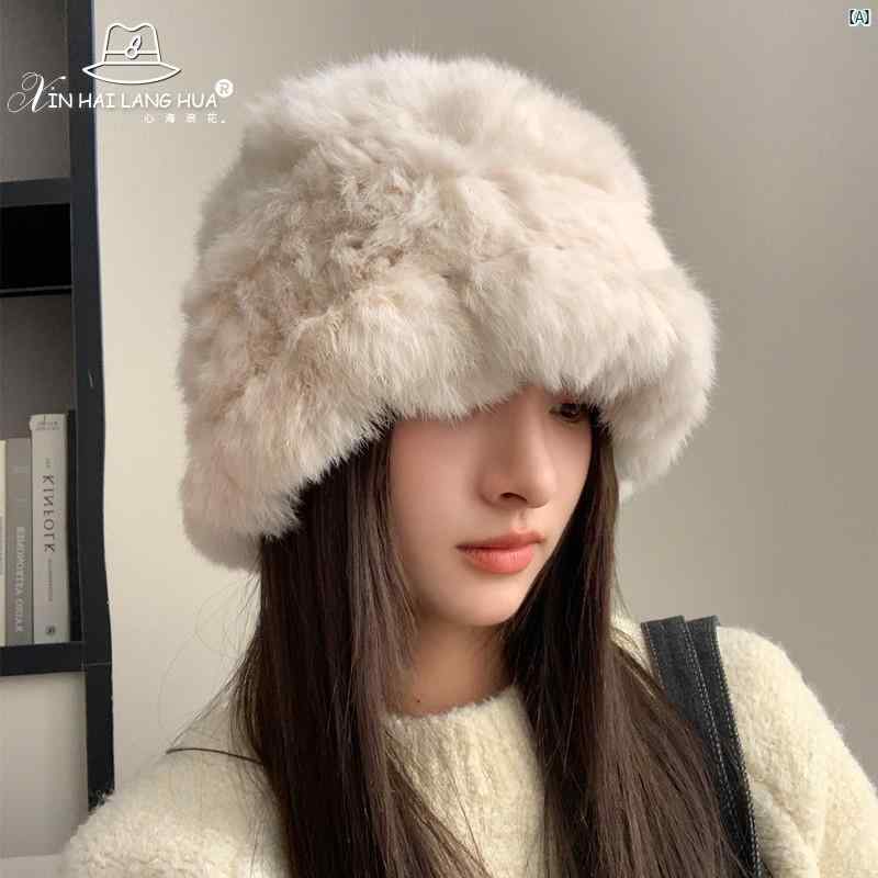 レディース　大人　お母さん　ママ　買い物　外出 厚く 暖かい 毛皮 ニット ウール バケット ハット 秋冬 ウサギ 雲 帽子 耳保護