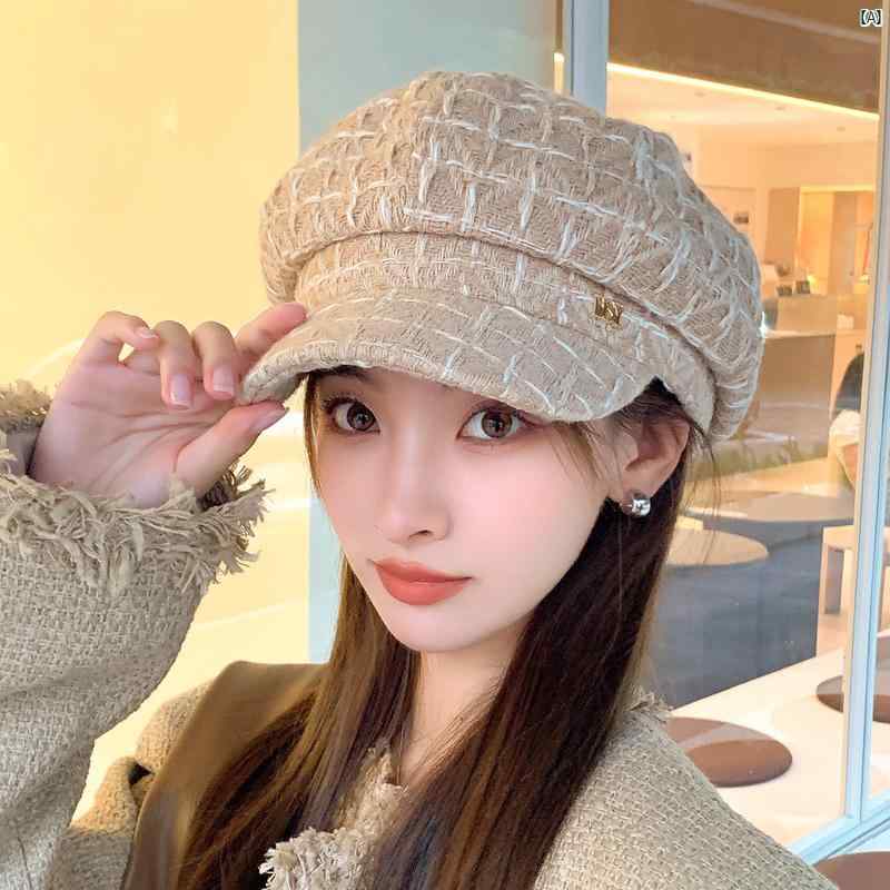 レディース　大人　お母さん　ママ　買い物　外出 秋冬 ファッション 小柄 香り 八角形 帽子 アヒル 舌 ベレー 帽 太い ライン チェック柄 キャスケット