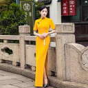 チャイナドレス 中華ドレス イエロー 色 チャイナ ドレス 若々しい ハイエンド キャットウォーク パフォーマンス ロング エレガント デイリー レトロ スカート