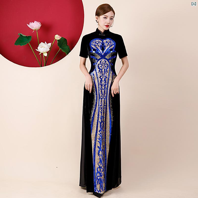 チャイナドレス　中華ドレス　綺麗　オシャレ　大人　　服　ファッション チャイナドレス スカート 春 ゴールド ベルベット 中華風 ベトナム アオザイ キャットウォーク ステージ パフォーマンス チーム ユニフォーム