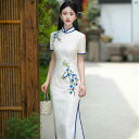 チャイナドレス 中華ドレス 綺麗 オシャレ 大人 服 ファッション Qianbaisi 中華風 ブルー ホワイト 磁器 ドレス 日常 キャットウォーク チャイナ パフォーマンス 長い ボディ エチケット(4)
