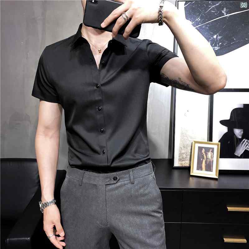 メンズ　メンズファッション　スーツ　フォーマル 夏用 半袖 シャツ メンズ 薄手ノー アイロン シワ りく い ビジネス カジュアル 無地 フォーマル 韓国 スリム 五分袖 ホワイト
