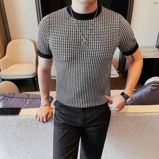 メンズ メンズファッション フォーマル ニット 半袖 メンズ Tシャツ 韓国 スリムフィット 春秋 ラウンドネック セーター 千鳥格子 チェック柄 シャツ トップ メンズ メンズファッション フォーマル ニット 半袖 メンズ Tシャツ 韓国 スリムフィット 春秋 ラウンドネック セーター 千鳥格子 チェック柄 シャツ トップ