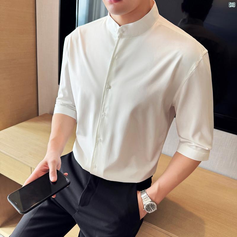メンズ　メンズファッション　フォーマル 中華風 男性用 スタンドカラー シャツ 七分袖 ドレープ アイロン 不要 カジュアル ミッド スリーブ 冷感 韓国 スリム