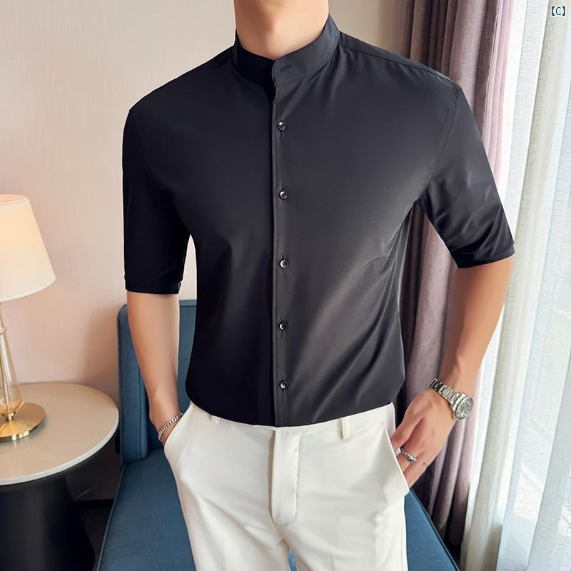 メンズ　メンズファッション　フォーマル 中華風 男性用 スタンドカラー シャツ 七分袖 ドレープ アイロン 不要 カジュアル ミッド スリーブ 冷感 韓国 スリム