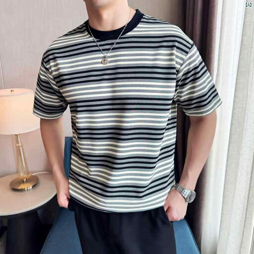メンズ メンズファッション フォーマル 男性用 ストライプ Tシャツ 色 半袖 夏 カジュアル ラウンドネック メンズ メンズファッション フォーマル 男性用 ストライプ Tシャツ 色 半袖 夏 カジュアル ラウンドネック