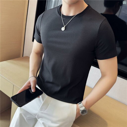メンズ メンズファッション フォーマル 夏 薄手 冷感 ストレッチ ダーク ストライプ 韓国 スリム Tシャツ メンズ 半袖 ハイエンド ラウンドネック メンズ メンズファッション フォーマル 夏 薄手 冷感 ストレッチ ダーク ストライプ 韓国 スリム Tシャツ メンズ 半袖 ハイエンド ラウンドネック