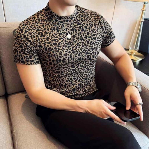 メンズ メンズファッション フォーマル ミッド カラー ヒョウ柄 Tシャツ メンズ コットン 半袖 ストレッチ ボトム シャツ 韓国 ハーフ タートルネック スリムフィット トップ メンズ メンズファッション フォーマル ミッド カラー ヒョウ柄 Tシャツ メンズ コットン 半袖 ストレッチ ボトム シャツ 韓国 ハーフ タートルネック スリムフィット トップ
