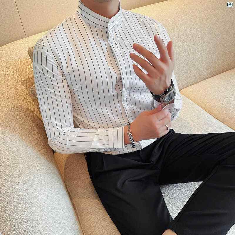 メンズ　メンズファッション　フォーマル 中華風 メンズ スタンドカラー シャツ 長袖 ストライプ 韓国 スリムノー アイロン ビジネス フォーマルウェア 高級