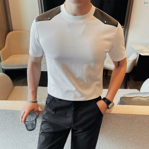 メンズ メンズファッション フォーマル 夏 薄手 レザー スプライシング メンズ 半袖 Tシャツ 韓国 ファッション スリムフィット メンズ メンズファッション フォーマル 夏 薄手 レザー スプライシング メンズ 半袖 Tシャツ 韓国 ファッション スリムフィット
