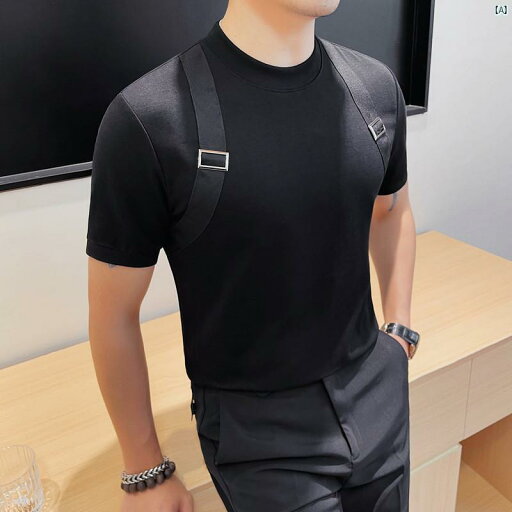 メンズ メンズファッション フォーマル ストラップ 装飾 半袖 Tシャツ メンズ 韓国 スリムフィット 夏 おしゃれ メンズトップス メンズ メンズファッション フォーマル ストラップ 装飾 半袖 Tシャツ メンズ 韓国 スリムフィット 夏 おしゃれ メンズトップス