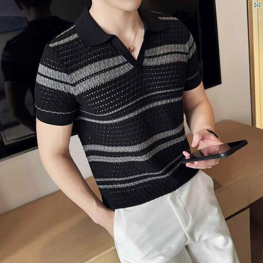 メンズ メンズファッション フォーマル ハイエンド メッシュ 通気性 ニット 半袖 Tシャツ メンズ Vネック ストライプ ジャカード ポロシャツ メンズ メンズファッション フォーマル ハイエンド メッシュ 通気性 ニット 半袖 Tシャツ メンズ Vネック ストライプ ジャカード ポロシャツ
