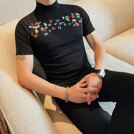 メンズ メンズファッション フォーマル ハーフ タートルネック プリント Tシャツ メンズ 半袖 スリム ストレッチコットン タイト ハーフスリーブ ミディアム カラー シャツ 男性用 メンズ メンズファッション フォーマル ハーフ タートルネック プリント Tシャツ メンズ 半袖 スリム ストレッチコットン タイト ハーフスリーブ ミディアム カラー シャツ 男性用