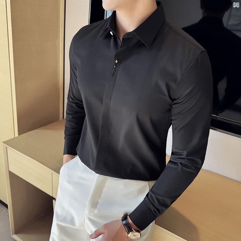 メンズ　メンズファッション　フォーマル 秋新 刺繍 隠し ボタン シャツ メンズ 長袖 韓国 スリム ビジネス カジュアル ハイエンド