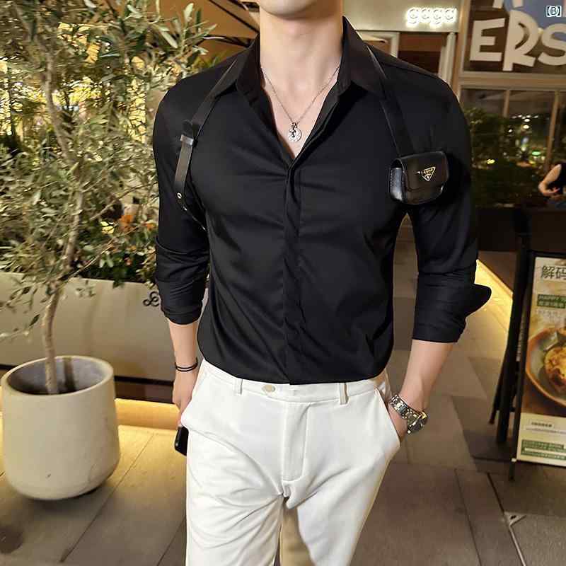 メンズ　メンズファッション　フォーマル レザーストラップ 装飾 メンズ 長袖 シャツ 韓国 スリム ファッション ハイエンド