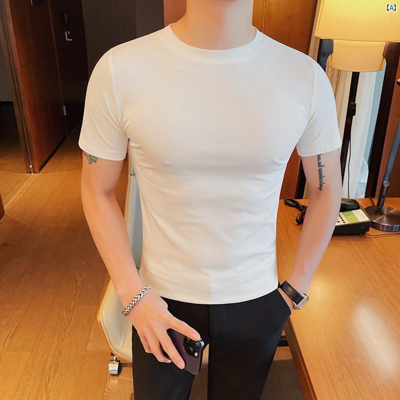メンズ　メンズファッション　フォーマル 半袖 Tシャツ メンズ 夏 ラウンドネック スリム ソリッドカラー ボトム シャツ タイト ボディシャツ スポーツ トップ