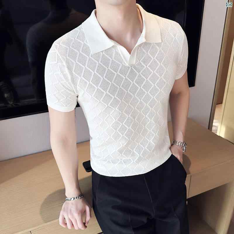 メンズ　メンズファッション　フォーマル 冷感 通気性 半袖 Tシャツ メンズ 夏 Vネック スリムフィット チェック柄 ニット ポロシャツ