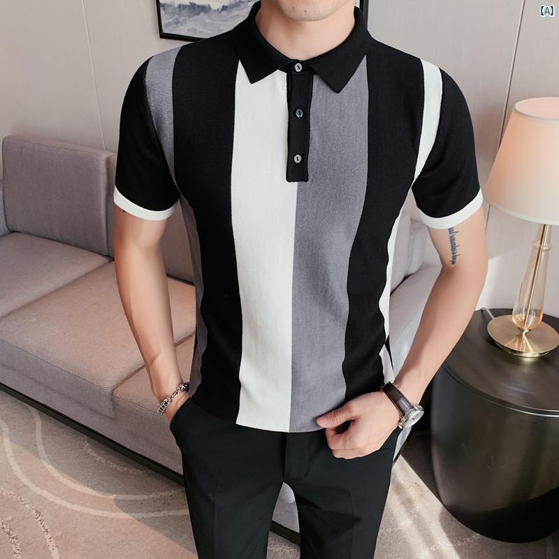 メンズ　メンズファッション　フォーマル 夏用 薄手 カラー ブロック ニット ポロシャツ 半袖 スリムフィット 韓国 ストライプ 冷感 Tシャツ