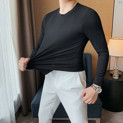 メンズ メンズファッション フォーマル 秋 韓国 シルキー 表面 メンズ Tシャツ 長袖 スリム ダーク ストライプ タイトフィット シャツ トップ メンズ メンズファッション フォーマル 秋 韓国 シルキー 表面 メンズ Tシャツ 長袖 スリム ダーク ストライプ タイトフィット シャツ トップ