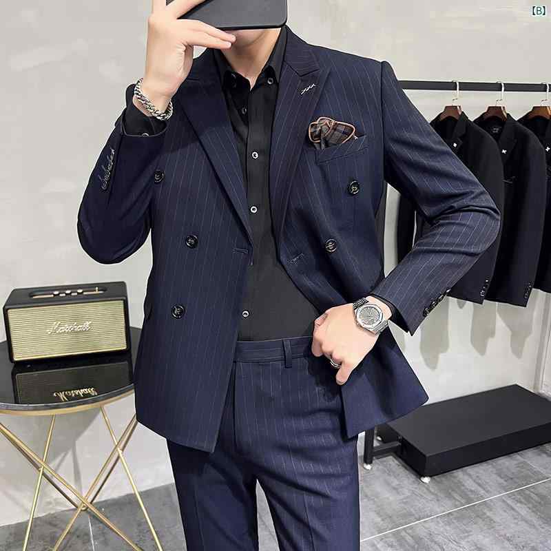 メンズ　メンズファッション　フォーマル 男性用 ダブルブレスト ストライプ プロ スーツ 高級 ビジネス カジュアル フォーマルドレス 大きいサイズ 2点