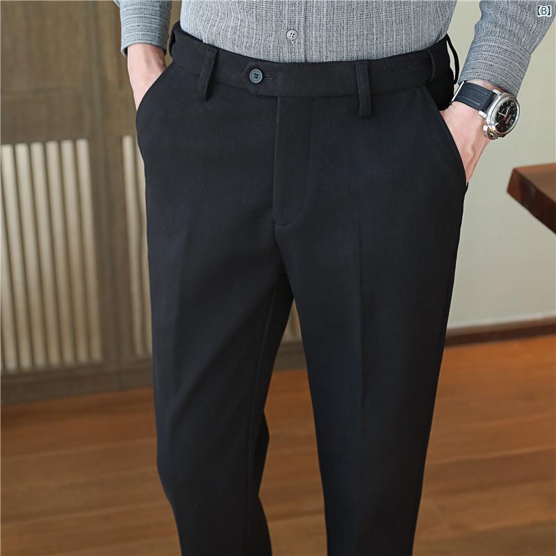 メンズ　メンズファッション　フォーマル 秋冬 耐久性 ウエスト ウール 厚手 パンツ メンズ スリム ビジネス スーツ 小柄 足 ストレート フォーマル カジュアル