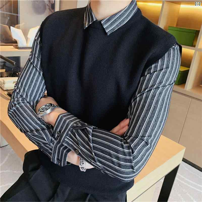 メンズ　メンズファッション　フォーマル 秋冬 休暇 2点 セーター メンズシャツ 襟 スリム ニット ビジネス フォーマルウェア 厚手 ベルベット インナー レイヤリング シャツ