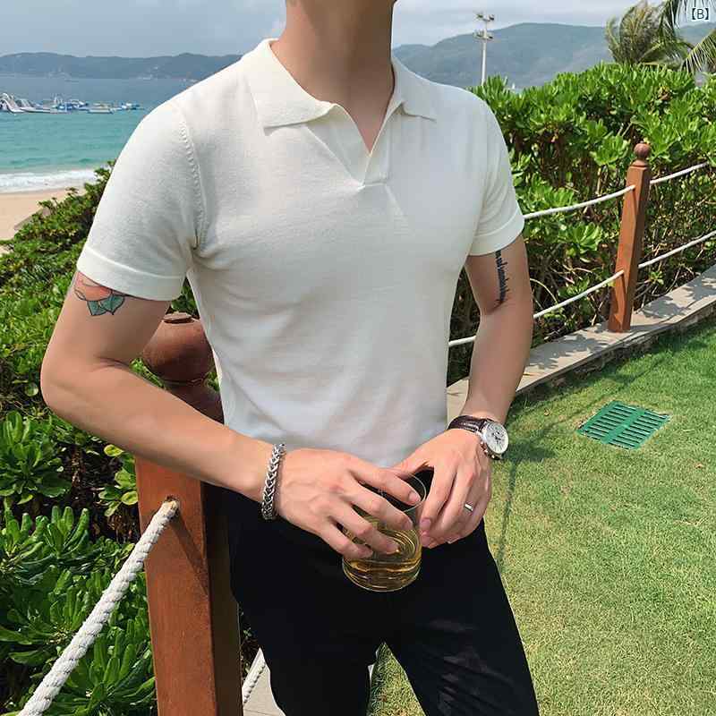 メンズ　メンズファッション　フォーマル 夏 軽量 大人っぽい ビジネス メンズ 半袖 ポロシャツ 韓国 スリム ブリ ティッシュ ニット セーター 薄手 冷感 Tシャツ