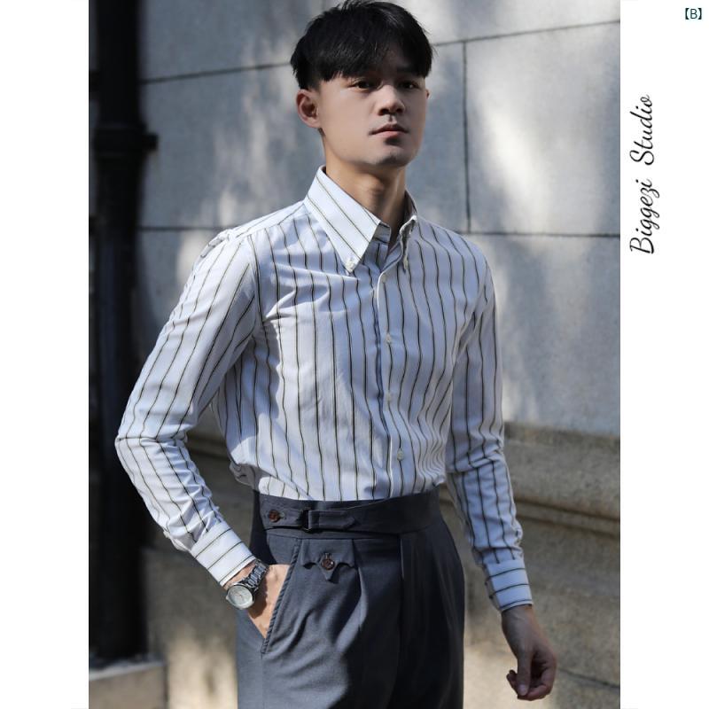 メンズ　ファッション　ユニフォーム　バー 3色 展開 イタリアン レトロ 大判 ポインテッドカラー ノンアイロン スリム 文芸 英国 ワークビジネス 長袖 快適 ストライプシャツ