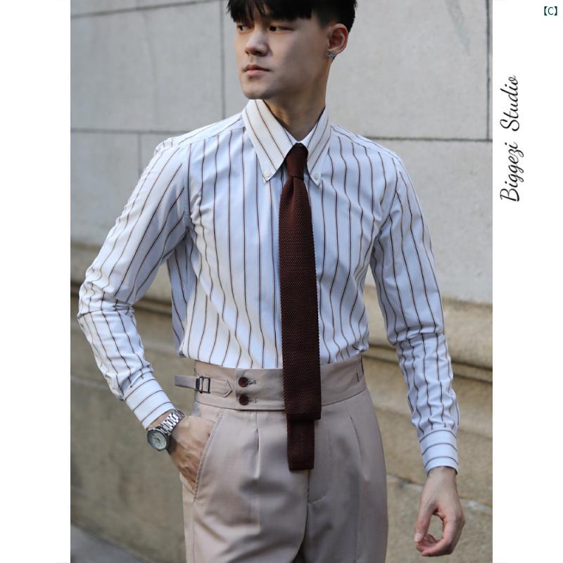 メンズ　ファッション　ユニフォーム　バー 3色 展開 イタリアン レトロ 大判 ポインテッドカラー ノンアイロン スリム 文芸 英国 ワークビジネス 長袖 快適 ストライプシャツ