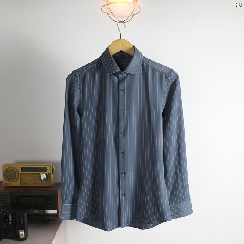 メンズ　ファッション　ユニフォーム　バー シャツ 複数 選択肢 ブルー ブラックノー アイロン スリムフィット 縦 ストライプ スタイリッシュ シンプル