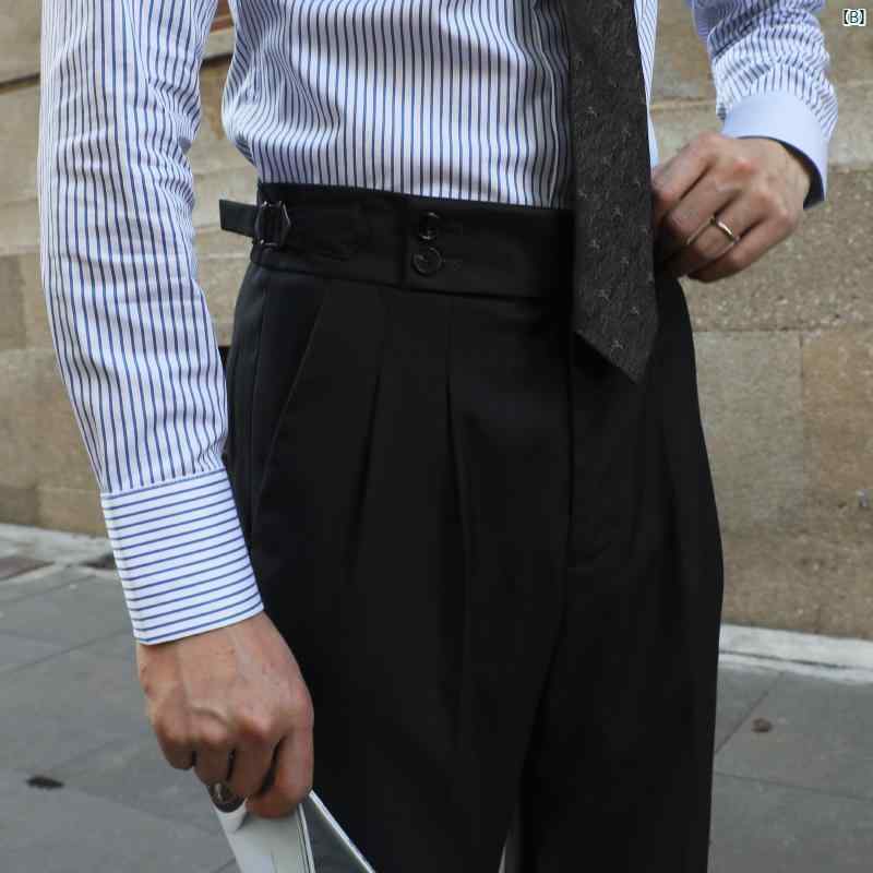 メンズ　ファッション　ユニフォーム　バー BIGGEZI プルシアンブルー イタリアン ナポリ ダブルプリーツ カール スリム スモール ストレート ハイウエスト カジュアル 九分丈 パンツ