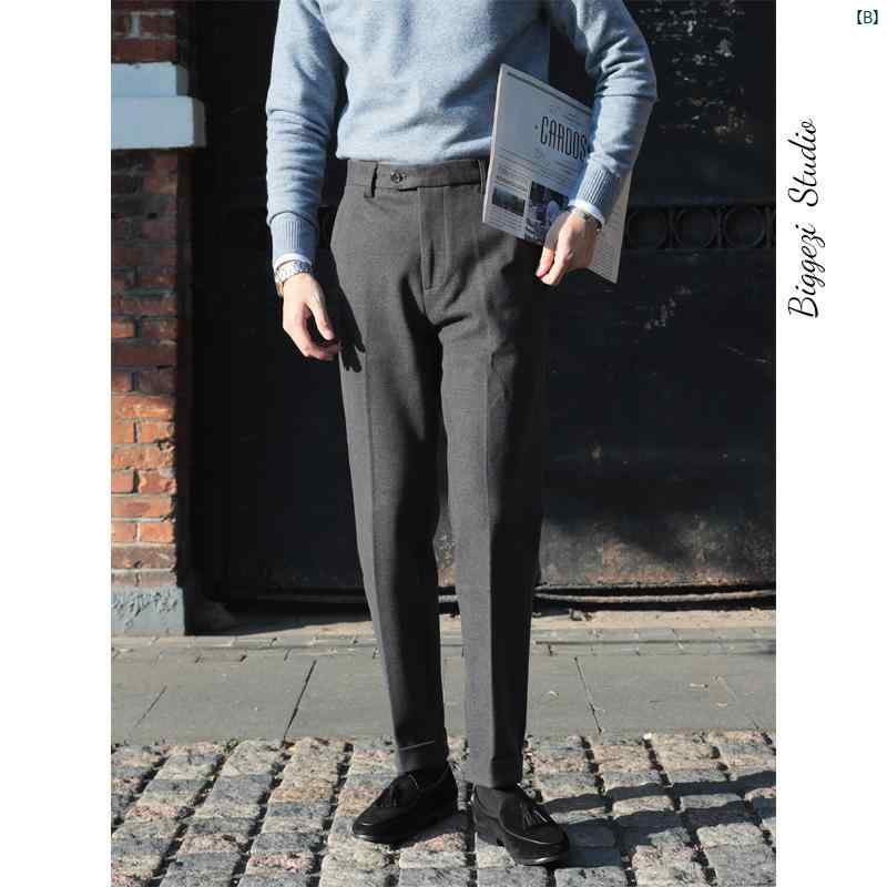 メンズ　ファッション　ユニフォーム　バー 4 色 英国風 厚手 スリムフィット ベーシック ウール カジュアル パンツ 秋冬 暖かい ロール ヘム