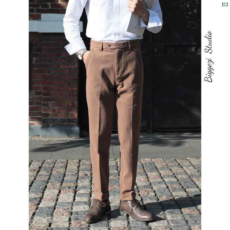 メンズ　ファッション　ユニフォーム　バー 4 色 英国風 厚手 スリムフィット ベーシック ウール カジュアル パンツ 秋冬 暖かい ロール ヘム