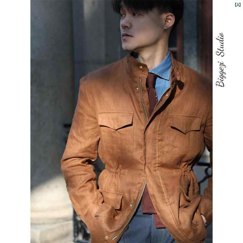 メンズ　ファッション　ユニフォーム　バー 英国 レトロ ヤッピー 春夏 リネン 薄手 通気性 ジャケット イタリア ファッション 紳士 ハンティングジャケット